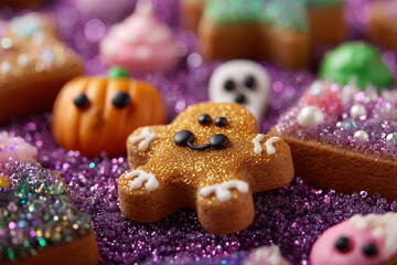 Festive sweets, a Halloween treat! Adorable ginger figures, pumpkin-shaped candies, and ghost shaped confectioneries, colorful and glittery