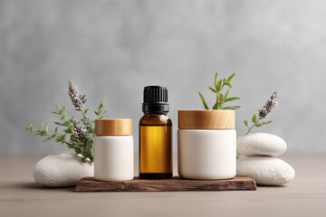 Natural wellness: elegant composition of essential oil bottle, creams, foliage, and smooth stones against a serene gray backdrop.