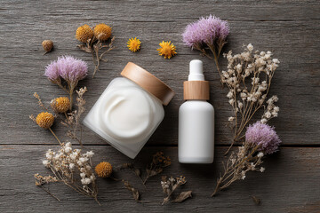 Elevated beauty: Luxurious creams and treatments meet nature's artistry in this serene composition for a spa-like experience.