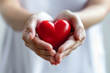 Obraz premium Faceless hands gently holding red heart shape, white background, concept of emotional care, therapy and support.
