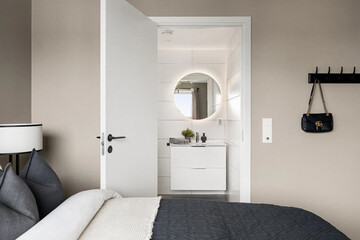 Modern bathroom interior in minimal scandinavian style, 3d render