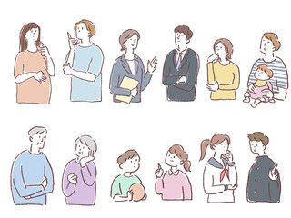 人物セット（考える、困る、悩む、赤ちゃん、夫婦、学生、会社員、高齢者、子供）