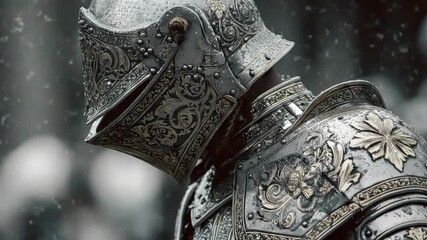 Close-up of medieval knight in detailed ornate armor with floral engravings, realistic style, dark rainy background, concept of historical warfare - Powered by Adobe