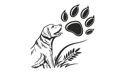 Naklejka premium Happy dog looking up at a large paw print in a grassy field