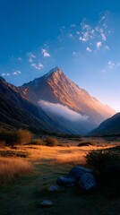 Ancient Andean mountain range at dusk, mist rolling over peaks, hidden cave entrance barely visible, cinematic atmosphere, dusk time