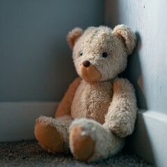 Soft and Plush Teddy Bear Sitting Against a Wall Indoors