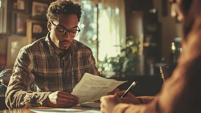 Focused Analysis: A thoughtful individual immersed in document examination, illuminated by natural light, engaging in a focused discussion and analysis within an interior setting.