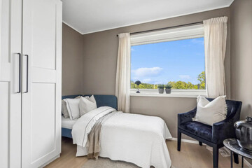 Modern luxury bedroom interior in minimal scandinavian style, 3d render