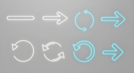 Glowing Neon Arrows and Circular Rotation Icons in Blue and White on Light Background