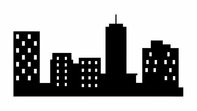 Silhouette of a cityscape with various buildings including a tall skyscraper and several smaller buildings | editable eps vectors