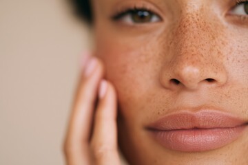 Close-Up of Hand Applying Serum to Freckled Cheek with Painted Nails