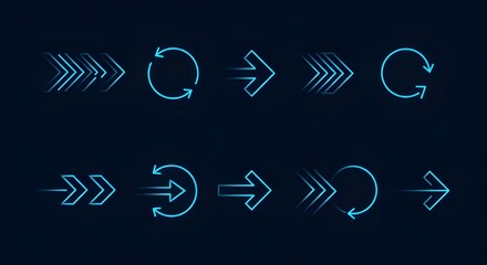 Set of glowing blue neon arrows and circular motion symbols with speed effect on dark background
