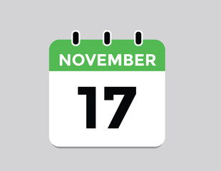 17 November, calendar date icon. 17 November Calendar Date for Deadlines or Appointment. Day, month. vector illustration.
