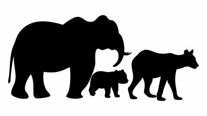 Obraz premium Silhouette image showing an elephant a bear and a cub walking side by side in a horizontal line formation | editable eps vectors