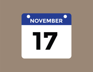 17 November, calendar date icon. 17 November Calendar Date for Deadlines or Appointment. Day, month. vector illustration.
