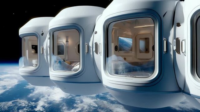 Futuristic space hotel concept offering luxurious accommodations with earth views from orbit