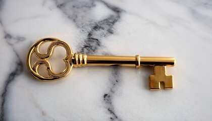 an elegant gold key on a white marble surface photographed in natural light with a captivating shallow depth of field
