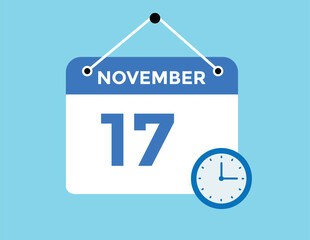 17 November, calendar date icon. 17 November Calendar Date for Deadlines or Appointment. Day, month. vector illustration.
