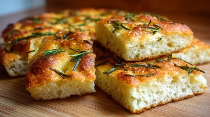 Delicious Rosemary Focaccia Bread Slices Freshly Baked on a Wooden Surface