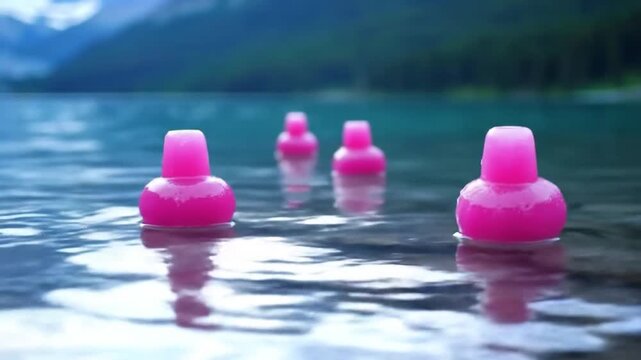 Pink objects float on lake water, mountains behind