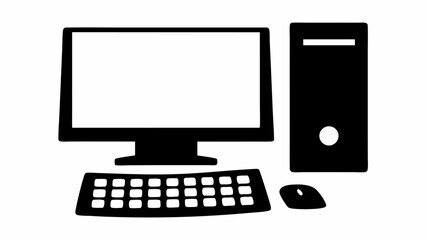 Illustration of a desktop computer setup with monitor, keyboard, mouse, and computer tower unit | editable eps vectors silhouette