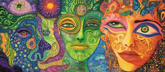 Mystical Faces Intertwined: A Vivid Exploration of Color, Texture and Form