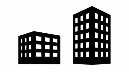 Two simple black building structures with white windows on a plain white background, architectural design concept | editable eps vectors silhouette