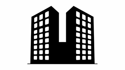 Illustration of two tall buildings with multiple windows and a connecting structure in black and white | editable eps vectors silhouette