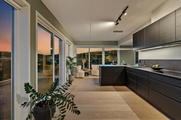 Modern luxury kitchen interior in minimal scandinavian style, 3d render