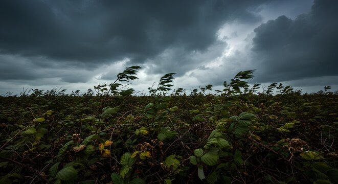 Bramble landscape with ominous storm clouds above bramble vegetation in wind