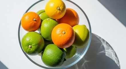 Vibrant Citrus Fruit Assortment in Glass Bowl with Sunlight Shadows Display