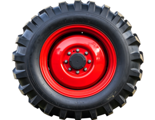 A robust black tractor tire with a vibrant red rim, signifying heavy-duty agricultural use.