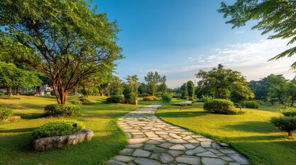 A 4K photo of serene Green Park View with Stone Tiles Under Clear Blue Sky.