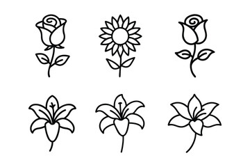 Elegant Flower Line Art Set Vector Illustration.