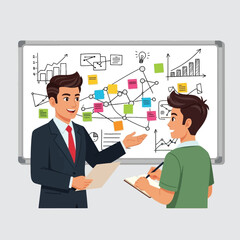 A businessman explaining a complex strategy to a student, using a whiteboard with diagrams.