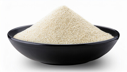 a black bowl filled with a mound of white grits seeds highlighting its texture and natural color isolated on white background and transparent background