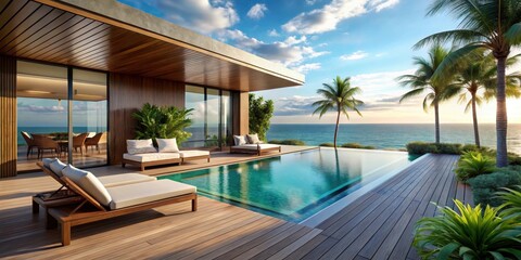 Fototapeta premium Luxurious pool villa with a private patio overlooking a serene tropical ocean landscape in summer