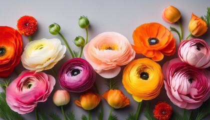 vibrant spring flowers on grey background colorful ranunculus and poppy blooms