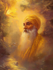 Portrait of Guru Nanak Dev Ji with Glowing Aura and Serene Landscape