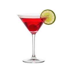 Vibrant ruby-red cocktail in a sparkling martini glass with a green lime wedge and maraschino cherry, on a transparent background with shadowless lighting, studio product photography concept for
