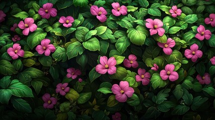 Pink flowers and green foliage, dense & natural