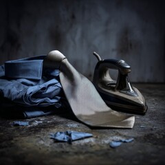 Vintage Iron with Wrinkled Shirt and Tie on Rustic Surface