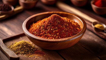 a wooden bowl filled with vibrant cajun spices rests on a wooden surface the finely ground spice mix emphasizes its aromatic delicious nature with a mix of red orange brown tones