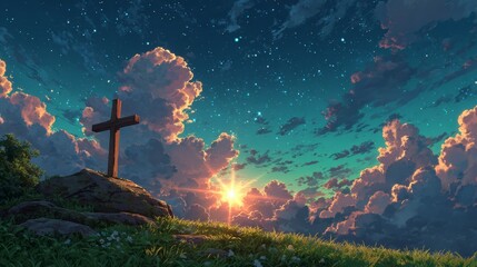 Cross silhouette in the dawn, anime style