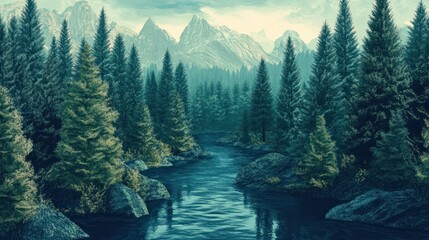 Serene river flows through a lush coniferous forest with snow-capped mountains backdrop