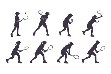 Silhouette Set of Tennis Players in Various Action Poses, Collection of Sporty Men and Women Playing Tennis, Vector Illustration
