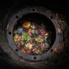 Waste Accumulation in a Circular Drainage System With Debris and Leaves