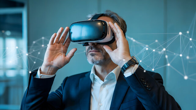 Experienced businessman immersed in virtual reality exploring futuristic digital network, embracing innovation and advanced technology for business growth.