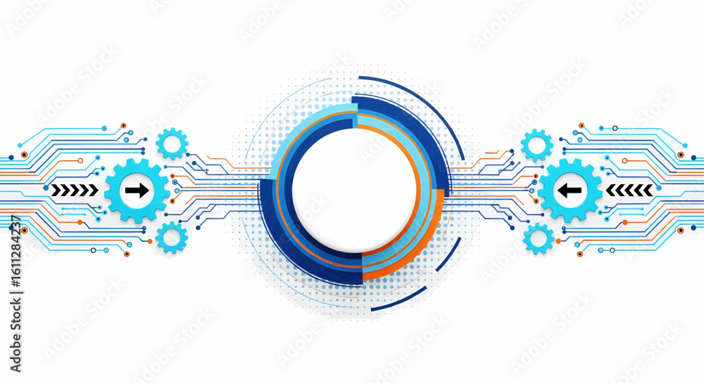 Poster abstract digital technology banner showcasing innovation with interconnected circuits and mechanical