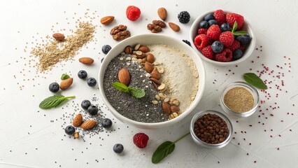 plant based protein powder concept A variety of healthy seeds and nuts arranged with fresh berries in a modern setting.